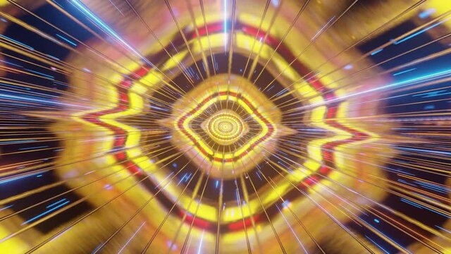 Computerized animation of golden space with colorful rays of energy releasing from central core. Motion graphics.
