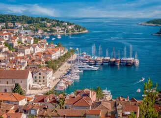 Obraz premium Overlooking the yacht harbor and waterfront of Hvar Island, a summer resort on the Adriatic Coast in Croatia.
