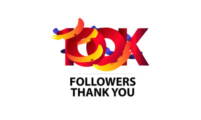 Obraz premium 100K,100.000 Followers Thank you logo Sign Ribbon Gold space Red and Blue, Yellow number vector illustration for social media, internet - vector