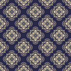 Floral blue and golden ornament. Seamless abstract classic background with flowers. Pattern with repeating floral elements. Ornament for fabric, wallpaper and packaging