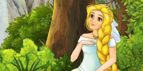 cartoon scene with happy princess in the forest traveling illustration © honeyflavour