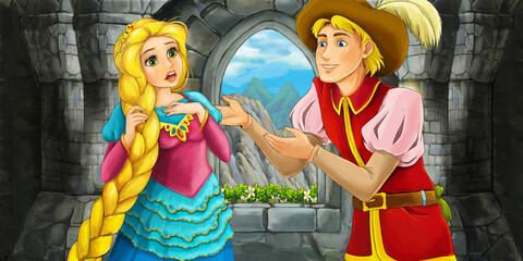 Obraz na płótnie Canvas cartoon scene with prince and princess in the castle room illustration