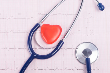 stethoscope and red heart on paper for research top view