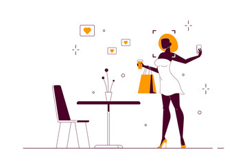 Young black woman making selfie, flat style vector.