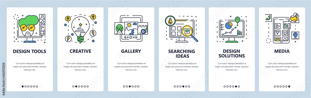 Poster design solutions, tools, ideas. mobile app onboarding screens, vector website banner template