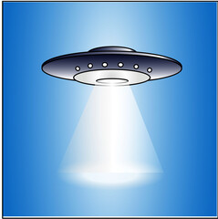 Ufo in space with light on blue sky background