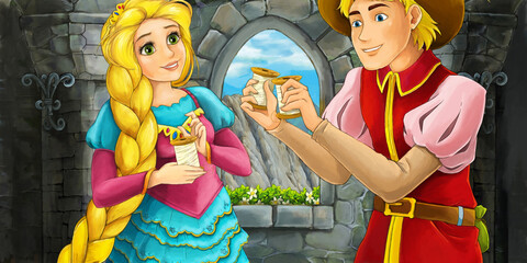 Obraz na płótnie Canvas cartoon scene with happy princess and prince near the castle illustration