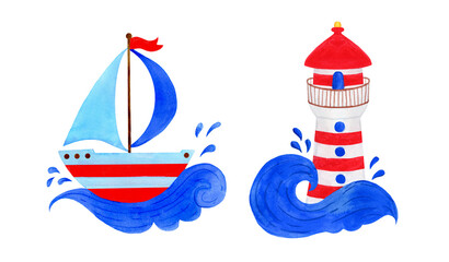 Red striped lighthouse and ship are beating sea waves. Children's watercolor illustration of a yacht, clipart on a white background.
