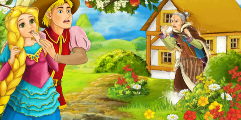 cartoon scene with prince and princess in the farm orchard on the journey illustration