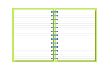 Template with spiral notepad and paper sheets isolated on white background with place for text. Diary for business, school vector background with open notebook. Office stationery items. Copy space