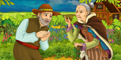 Obraz na płótnie Canvas cartoon farm scene with parents farmer and his wife talking - illustration