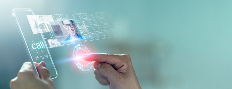 Future lifestyle online conference video call meeting, hi-tech smart phone gadget technology work from home WFH futuristic virtual 5G communication