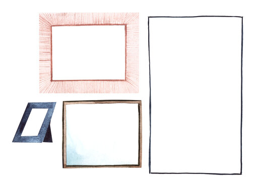 Watercolor set of pink and black frames for different purposes - picture, photo, window, charter. Hand drawn decorative elements isolated on white background for scrapbooking