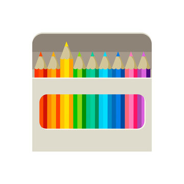 Box of rainbow colors pencils set closeup isolated on white background. Minimal flat style vector illustration. Design for template, web, app, branding, advertising, card