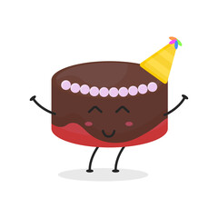 Cute flat cartoon birthday cake illustration. Vector illustration of cute birthday cake with a smiling expression. Cute cake mascot design