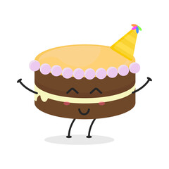 Cute flat cartoon birthday cake illustration. Vector illustration of cute birthday cake with a smiling expression. Cute cake mascot design