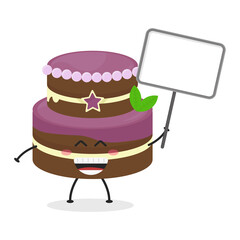 Cute flat cartoon birthday cake holding a sign illustration. Vector illustration of cute birthday cake with a smiling expression. Cute cake with a sign mascot design