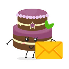 Cute flat cartoon birthday cake holding an envelope illustration. Vector illustration of cute birthday cake with a smiling expression. Cute cake with an envelope mascot design