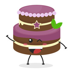 Cute flat cartoon birthday cake illustration. Vector illustration of cute birthday cake with a smiling expression. Cute cake mascot design