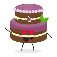 Cute flat cartoon birthday cake illustration. Vector illustration of cute birthday cake with a smiling expression. Cute cake mascot design