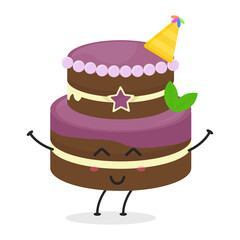 Cute flat cartoon birthday cake illustration. Vector illustration of cute birthday cake with a smiling expression. Cute cake mascot design