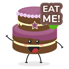 Cute flat cartoon birthday cake illustration. Vector illustration of cute birthday cake with a smiling expression. Cute cake mascot design