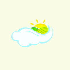 Logo template sunshine among the clouds. Lawn, cloud and sun logo. The sun peeks out from behind the clouds illustration