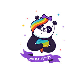 The composition Panda with rainbow hairstyle hugs a multi-colored heart, with text - No bad vibes.