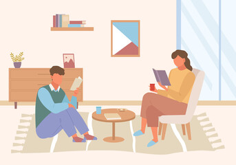 Fototapeta na wymiar Characters read books at home illustration. Guy girl sitting armchair floor enthusiastically studying recently released fantasy bestseller cozy home atmosphere coffee table. Cartoon reading vector.