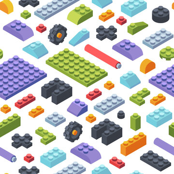 Constructor kids isometric seamless pattern. Creativity tiles and parts assembly geometric toy models colored strips various shapes childrens wide narrow constructor developmental. Seamless vector.