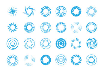 Spiral circles abstract set. Round blue swirls in form rotational whirlpool star burst lines effect motion subspace portals symbols illustration ancient runic solstice. Vector abstract symbolism.