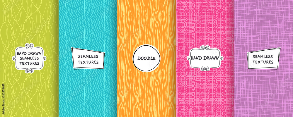 Poster set of seamless hand drawn texture designs for backgrounds, business cards, web design. doodle patte