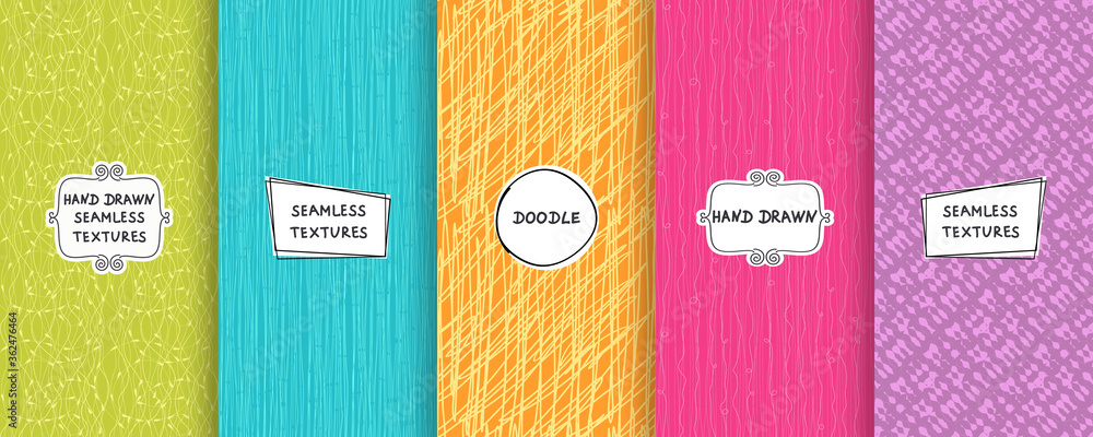 Poster set of seamless hand drawn texture designs for backgrounds, business cards, web design. doodle patte