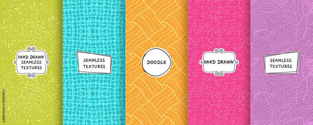 Poster set of seamless hand drawn texture designs for backgrounds, business cards, web design. doodle patte