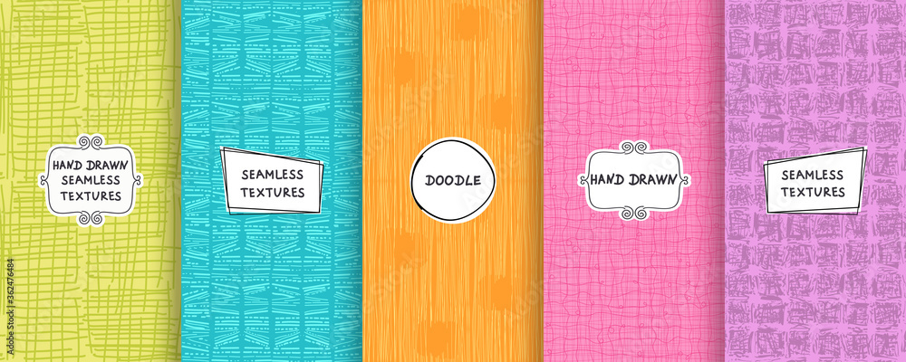 Poster set of seamless hand drawn texture designs for backgrounds, business cards, web design. doodle patte