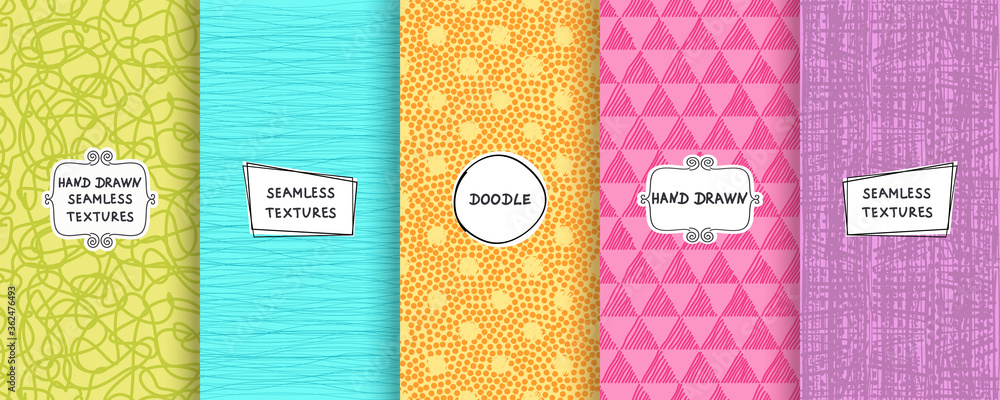 Poster set of seamless hand drawn texture designs for backgrounds, business cards, web design. doodle patte