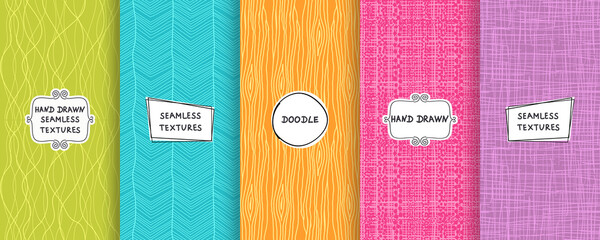 Set of seamless hand drawn texture designs for backgrounds, business cards, web design. Doodle pattern with trendy modern labels on bright background. vector illustration - 362476447