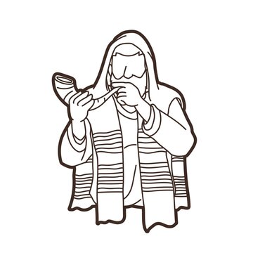 man blowing shofar, black and white clip art preview