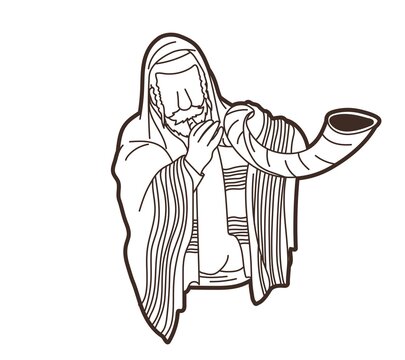 man blowing shofar, line art clip art preview