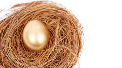 Top down view of shiny golden egg on straw nest