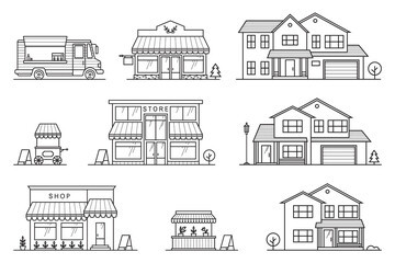 Set of store, shop, house, street store cart and truck icons. Vector. For web design and application interface, also useful for infographics. Modern minimalist design with facade building