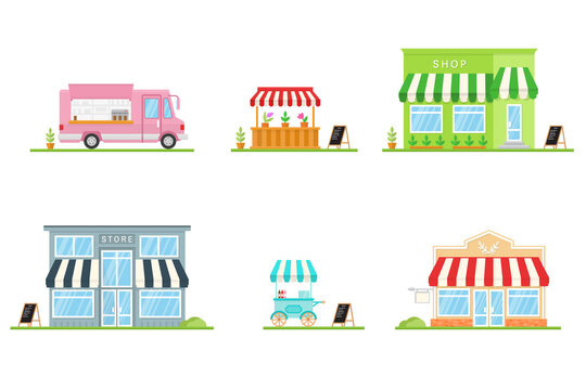 Set of store, shop, street store cart and truck icons. Vector. For web design and application interface, also useful for infographics. Modern minimalist design with facade store building
