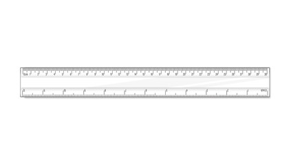 Straight ruler thirty cm. Vector math geometry transparent plastic school and office accessories. Centimeter and inch scale. Graphic realistic illustration