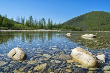 Tranquility on the mountain river. Bureya river. Khabarovsk region, Bureya Nature Reserve. Far...