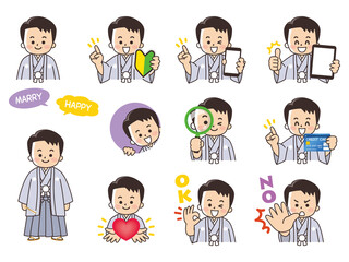 紋付袴を着た花婿　新郎　結婚　バリエーション　初心者マーク　スマートフォン　タブレット　虫眼鏡　クレジットカード　ハート　OK　NO