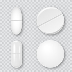 Set of 3d realistic white medical pills, capsules. Vector