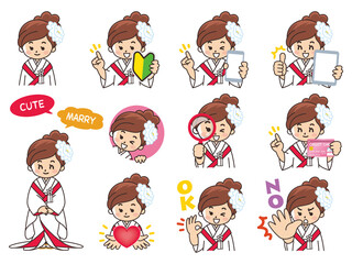 白無垢を着た花嫁　新婦　結婚　バリエーション　初心者マーク　スマートフォン　タブレット　虫眼鏡　クレジットカード　ハート　OK　NO