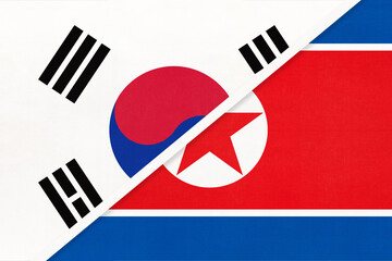 South Korea and North Korea or DPRK, symbol of national flags from textile. Championship between two countries.