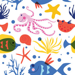 Fototapeta na wymiar Seamless pattern. Marine life, underwater world, aquarium fish. Vector illustration on a white background.