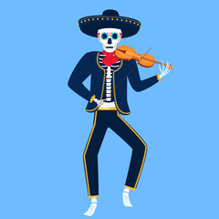 Mariachi. Funny skeleton plays the violin. Sugar Skull for the Day of the Dead